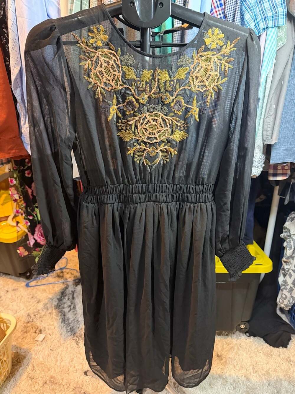 Zara Embroidered Dress Size M Black Chiffon Long Sleeve Sheer Floral